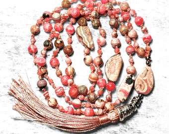 Wunderschöne Rhodochrosit Kristall Mala mit Quaste, Perlen Rhodochrosit Halskette, LOVE Mala, Rosa Kristall Mala Halskette, Meditation Mala