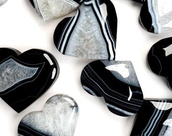 Black Banded Onyx Heart • Natural Polished Agate Crystal • Puffy Pocket Stone