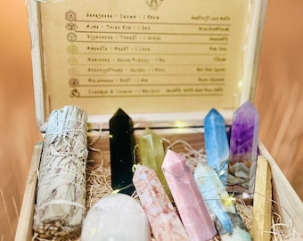 Chakra Crystal Tower Healing Gift Set with Affirmations, 12 Piece Crystal Cleansing & Wood Box, Sage, Palo Santo, Selenite. Mothers Day Gift