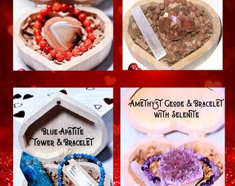 Wood Heart Keepsake Box Crystal Gift Set, Valentine's Day Gift Set, Carnelian, Amethyst,