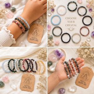 May include: A collection of beaded bracelets featuring various polished gemstones in shades of blue, pink, black, and clear. The bracelets are displayed alongside a tan tag with the text Via The Veil Crystal Kids and a crescent moon graphic.