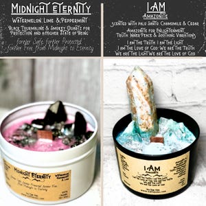 May include: Two candles with crystals embedded in the wax. The candle on the left is white with pink wax and black crystals. The candle on the right is black with blue and green wax and a large white crystal. The candle on the left is labeled "Midnight Eternity Watermelon Lime & Peppermint" and the candle on the right is labeled "I AM Amazonite".