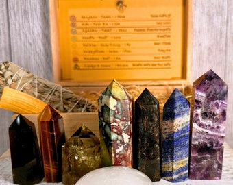 Crystal Tower Healing and Cleansing Kit #2 with Affirmations, 12 Piece Chakra Tower Wood Box Set, Smudge, Palo Santo, Selenite, Chakra Kit