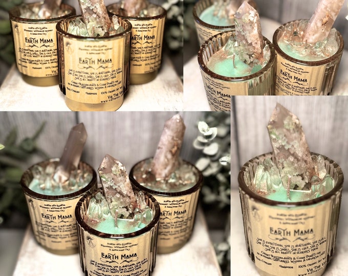 Featured listing image: Earth Mama Crystal Reiki Charged Candles - Fruit Scented Candles- Flower Agate & Clear Quartz Healing Intention Candles - Mother’s Day Gifts