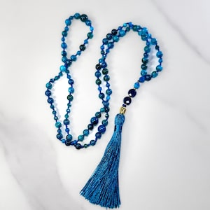 Blue Apatite 6mm 108 Bead Mala – Hand-Knotted with Silk & Faceted Guru Bead - Blue Apitate Gemstone Mala Meditation Necklace