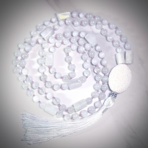 Moonstone Crystal Mala, Traditional Tibetan 108 Bead Mala, Blue Flash Moonstone Silk Malas, Meditation Mala, White Moonstone Tassel Necklace