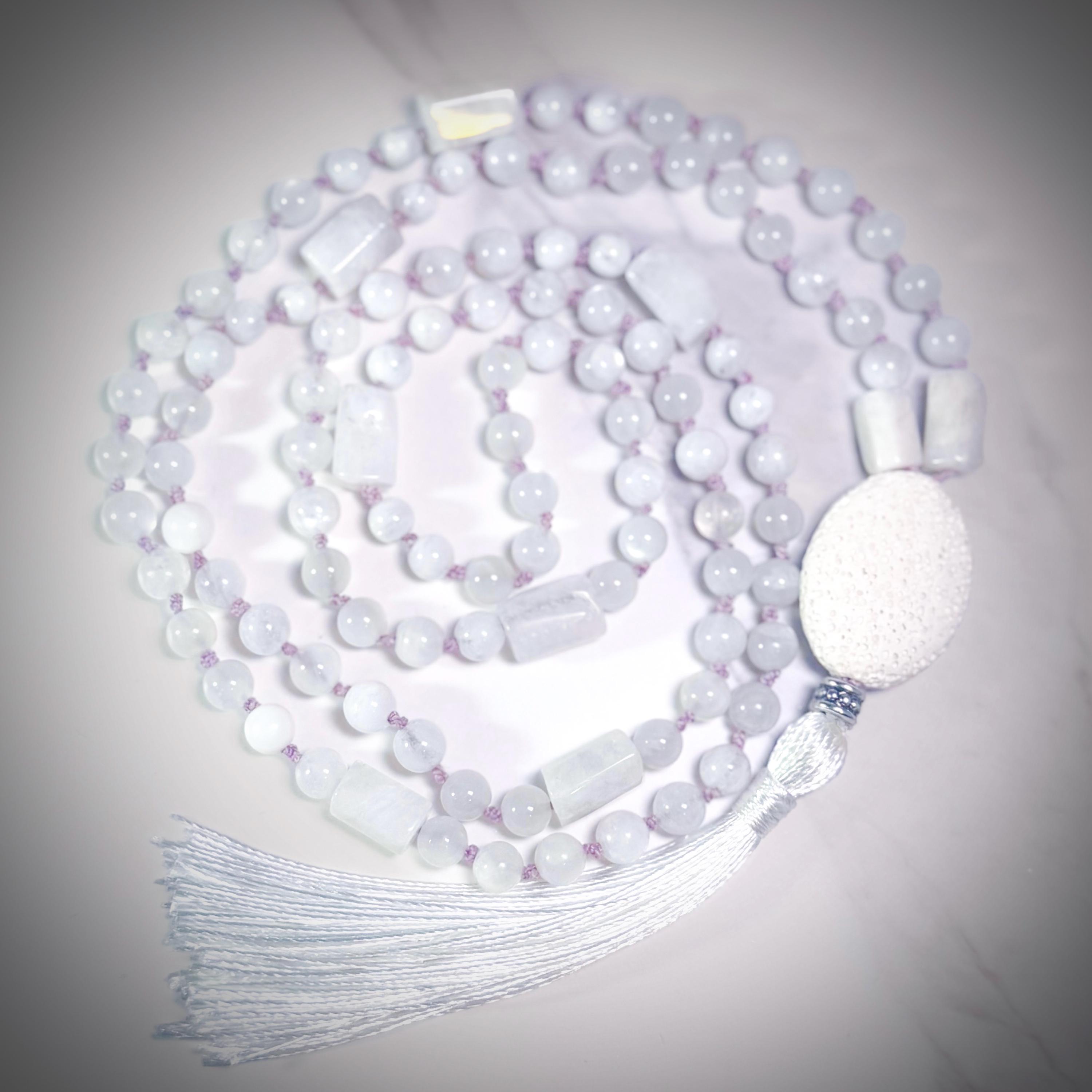 Mondstein Kristall Mala, Traditionelle Tibetische 108 Perlen Mala, Blauer Blitz Mondstein Seide Mala, Meditation Mala, Weißer Mondstein Quaste Halskette