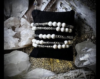 White Turquoise, Hematite & Sterling Silver Beaded Bracelets -  Beaded Bracelet - Natural White Turquoise - Stone Bracelets