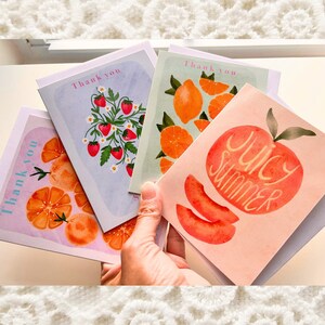 Bundle of Four Thank You Cards | Summer Fruits Cards in 4 Colourful Designs, Strawberries, Oranges, Lemons and Peach | Illustrated Cards