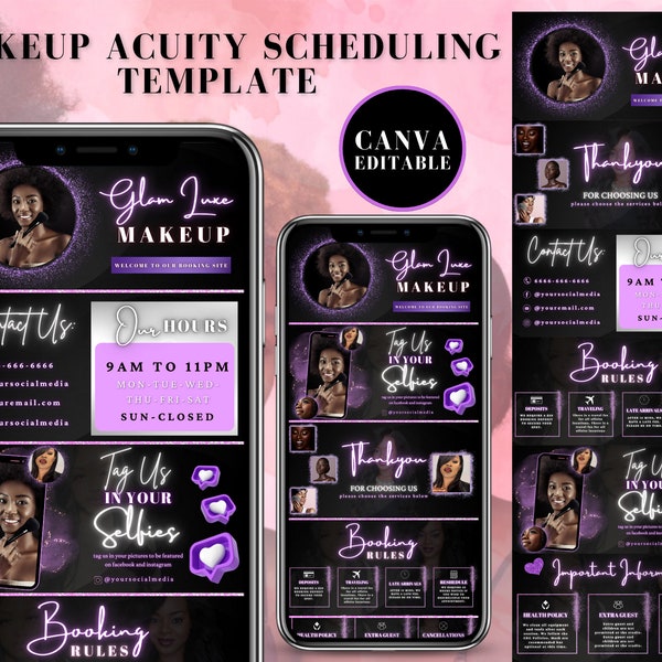 Makeup Artist Acuity Scheduling Template, Mua Branding, Mua Website, DIY Scheduling Template, Black and Purple, Canva Templates, Download