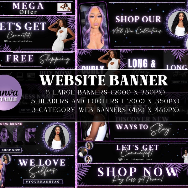 DIY Hair Website Banner Kit| Black and Pink Hair Extensions Wig Boutique Store Design| Shopify Site Design Templates Set|Canva| Retail Store