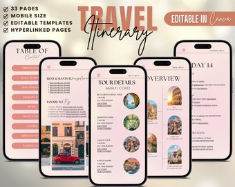 Digital Travel Itinerary Template, Travel Planner, Travel Guide Italy, Travel Agent Vacation Checklist, Mobile Trip Itinerary Canva Template