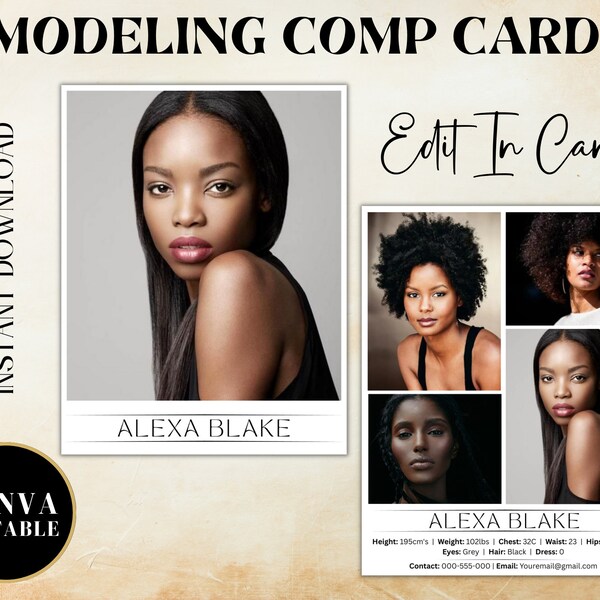 COMP CARD Template, Modeling Photocard, Zed Card for Models, Z Card, Fashion Resume Photo Card, Modeling Comp Card, Editable Canva Template