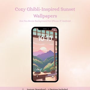 Tea Room Phone Wallpaper Ghibli Inspired Mountain Sunset Lock Screen Background for iPhone and Android Digital Download