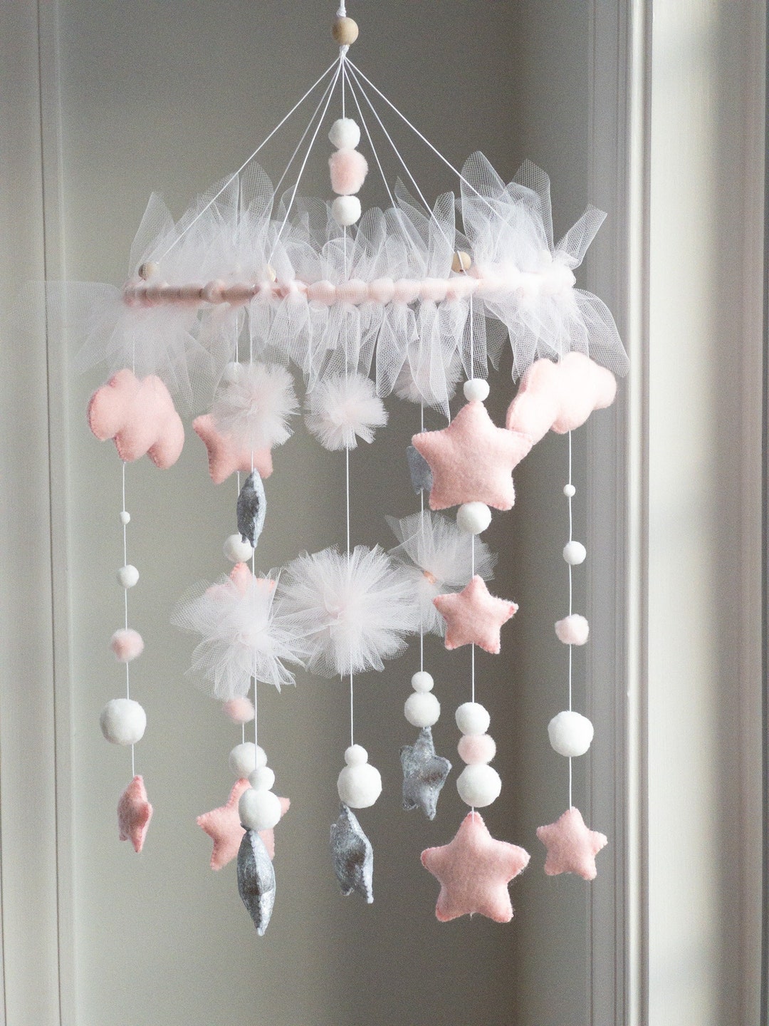 Blush Pink Baby Mobile Felt Blush Tulle Mobile Nursery Decor Mom to Be