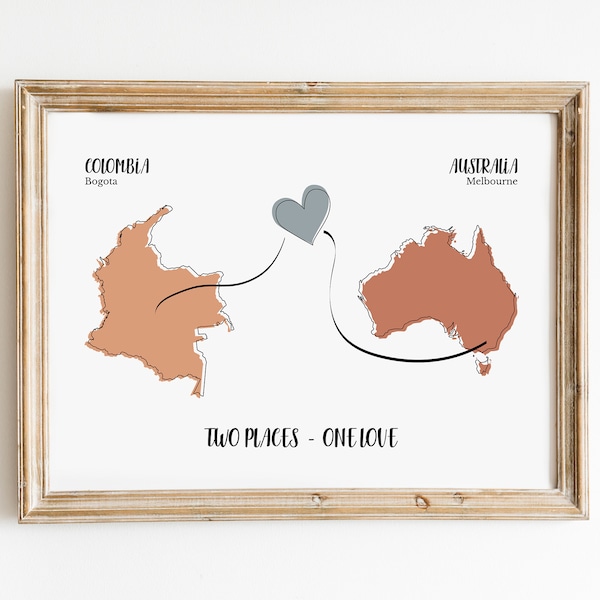 Personnalisez le cadeau de carte longue distance deux pays pour l'art numérique personnalisé de carte d'amour d'impression pour le décor de mur 2 pays imprimable pour la relation