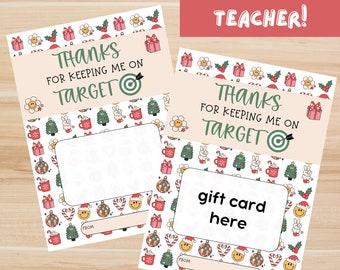 May include: Two gift card holders with a festive design. The cards say "Thanks for keeping me on target" and "gift card here." The cards have a pattern of Christmas-themed icons and the text "Instant Download."