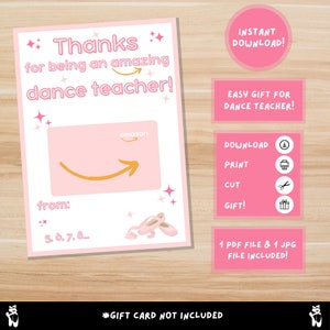 Dance Teacher Thank You Printable Gift Card Holder Dance Teacher Appreciation Card Gift Card Holder