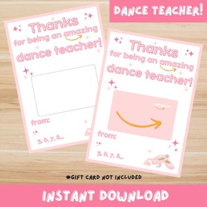 Printable Dance Teacher Gift Thank You Teacher Gift Card Holder Gift Card Holder for Dance Teacher