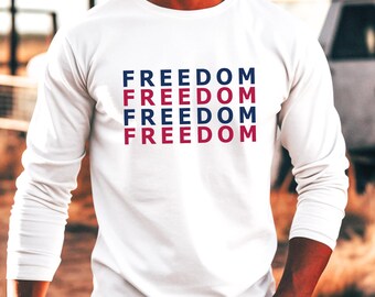 Patriotic FREEDOM FREEDOM Red, Blue print T-Shirt, Lng Sleeves, Sweatshirt, Hoodies, Christian, flag, usa, Charlie Kirk, scripturebrandingco