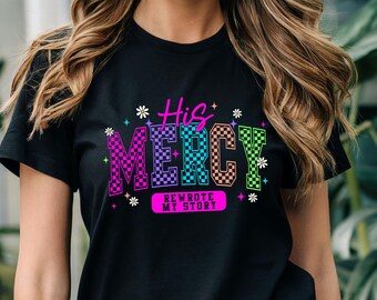 His MERCY Rewrote My Story - T-Shirts, Sweatshirts, Hoodies makes a great gift, retro, checkered, faith, christian, scripturebrandingco