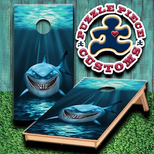 Laminated Shark Sun Rays Cornhole Wrap Set