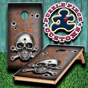 Laminated Skull Rat Rod Style cornhole wrap set