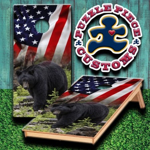 Gelamineerde Black Bear Hunt-set met cornhole-wraps met Amerikaanse vlag