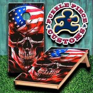 Laminierte amerikanische Flagge Schädel Cornhole Board Wraps Set