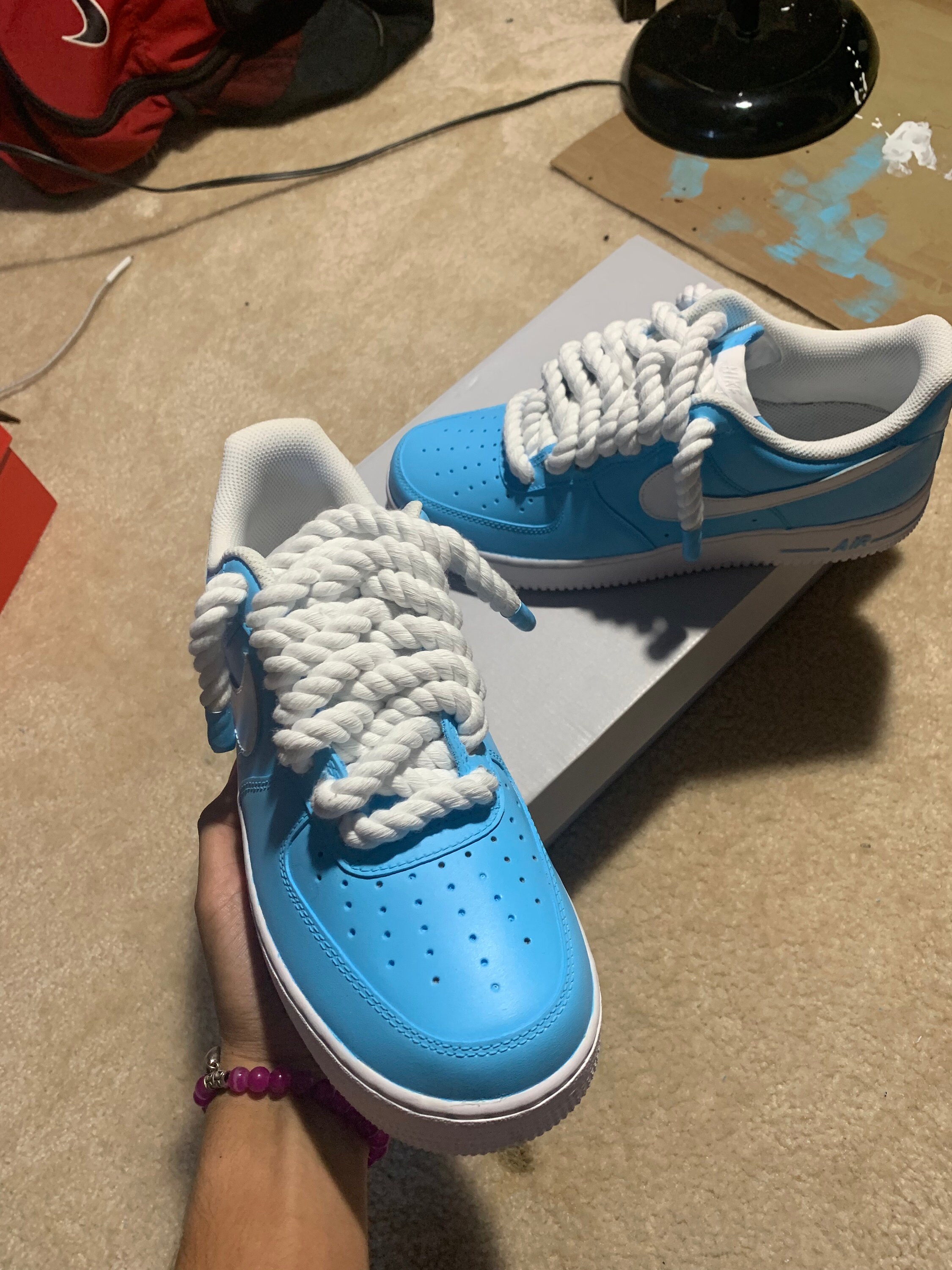 True Blue burning Air Force One with Rope Laces : r/Customsneakers