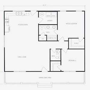 Może przedstawiać: Czarno-biały plan parteru domu z zadaszonym gankiem, pokojem dziennym, kuchnią i jadalnią, sypialnią główną, sypialnią, dwiema łazienkami, pralnią i szafą. Dom ma 12,2 metra szerokości i 9,1 metra długości.