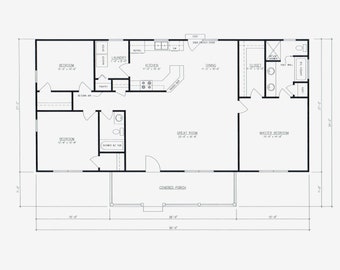 Plattegrond van een huis met 3 slaapkamers en 2 badkamers. Geweldige lay-out 1500 vierkante voet. Het Houston-huis. Grote hoofdslaapkamer en badkamer.
