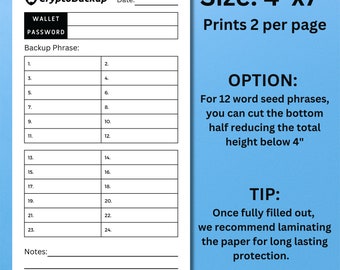Plantilla de frase semilla de respaldo criptográfico, imprimible, billetera criptográfica, PDF