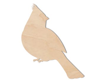 May include: A wooden cutout of a cardinal bird in a perched position. The cutout is made of natural wood with a light brown color.
