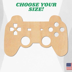 May include: A wooden cutout of a video game controller in a light brown color. The controller has all the buttons and joysticks. The text "Choose Your Size!" is above the controller.
