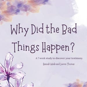 May include: A book cover with the title "Why Did the Bad Things Happen?" in dark purple script. The background is a watercolor wash of lavender and peach tones, with a floral illustration in the lower left corner.