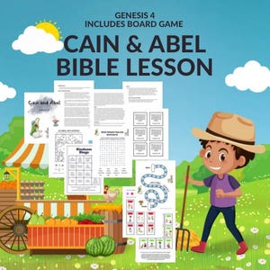 May include: A colorful Bible lesson for kids about Cain and Abel, featuring a board game, word search, bingo, and other activities. The lesson includes a title card with the text "Genesis 4 Includes Board Game Cain & Abel Bible Lesson".