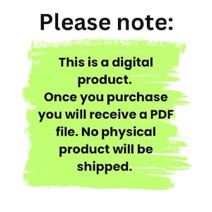 K&ouml;nnte beinhalten: Eine gr&uuml;ne und gelbe Ank&uuml;ndigung f&uuml;r ein digitales Produkt. Der Text lautet: "Bitte beachten Sie: Dies ist ein digitales Produkt. Nach dem Kauf erhalten Sie eine PDF-Datei. Es wird kein physisches Produkt versandt."