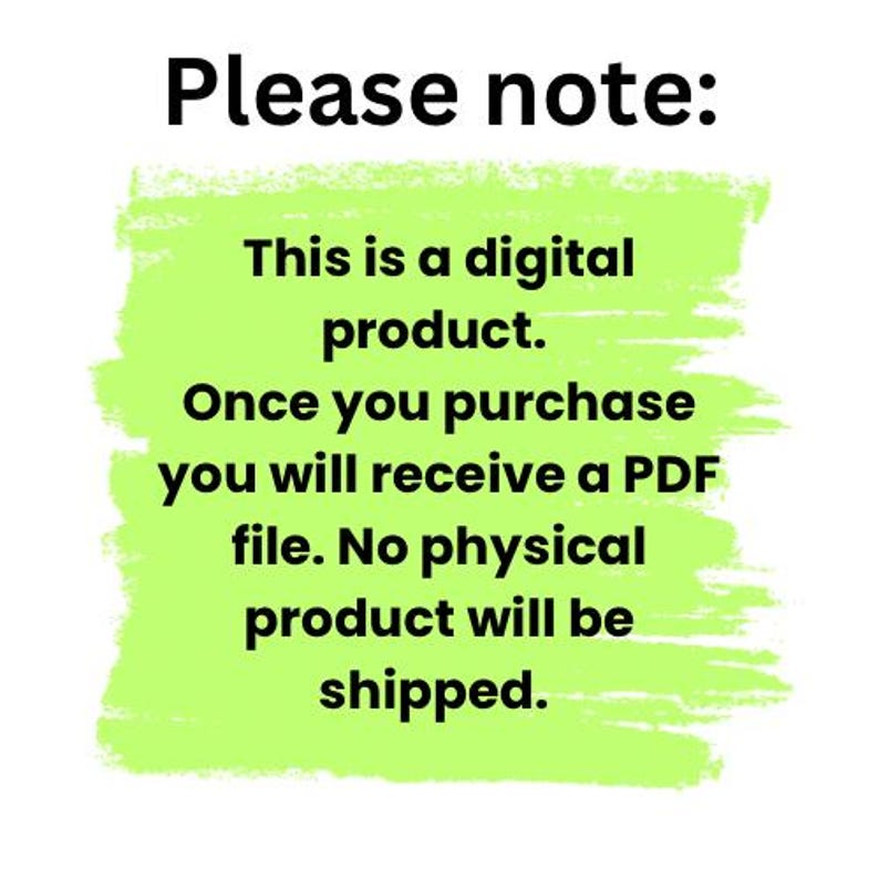 K&ouml;nnte beinhalten: Eine gr&uuml;ne und gelbe Ank&uuml;ndigung f&uuml;r ein digitales Produkt. Der Text lautet: "Bitte beachten Sie: Dies ist ein digitales Produkt. Nach dem Kauf erhalten Sie eine PDF-Datei. Es wird kein physisches Produkt versandt."