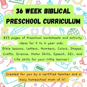 Plan de estudios bíblico preescolar de 823 páginas para niños de 2, 3, 4 y 5 años: 36 semanas de hojas de trabajo/actividades: niños pequeños, matemáticas, colores, alfabeto, cristianismo
