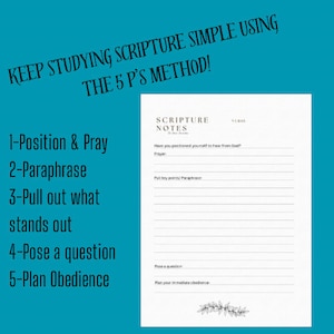 Könnte beinhalten: Ein druckbares Arbeitsblatt mit dem Titel "Schriftstudien Notizen" mit einer Liste von Schritten zum Studium der Schrift mit der "5 P's Methode". Die Schritte sind: Positionieren und Beten, Paraphrasieren, Herausziehen, was auffällt, eine Frage stellen und Gehorsam planen.
