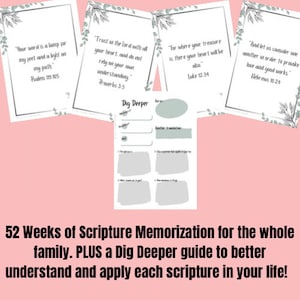 May include: A printable set of 52 scripture cards with a "Dig Deeper" guide to help understand and apply each scripture. The cards feature a green floral design and include verses from the Bible.