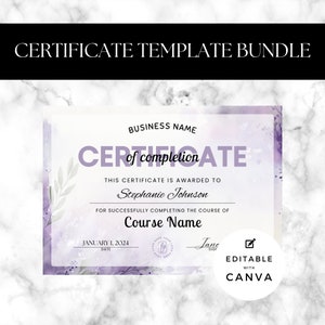 Modèle de certificat d'achèvement de formation Diplôme de cours modifiable Canva Reiki praticien guérisseur maître bien-être violet aquarelle BR10