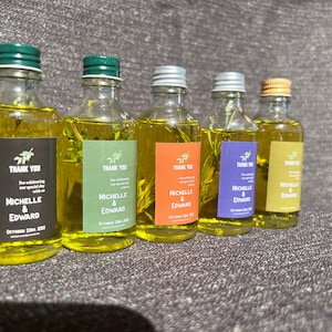Lembrancinhas de casamento com azeite de oliva extra virgem de 50 ml, etiquetas personalizadas