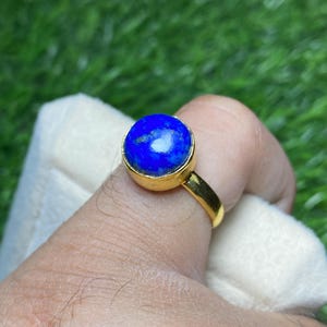 Elegant Gold Plated Lapis Lazuli Ring Handcraft Beauty AAA Grade Lapis Lazuli Ring Luxurious Gold Plating Edition Handmade Round Lapis Ring