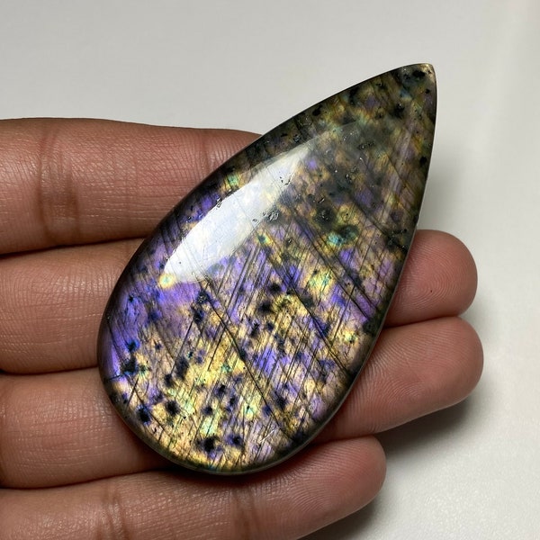 High Quality Multi Purple Flashy Labradorite Size - 38x72.50x7 MM. 166.70 CTS. 100% Natural Labradorite Pear Shape Cabochon Loose Gemstone..