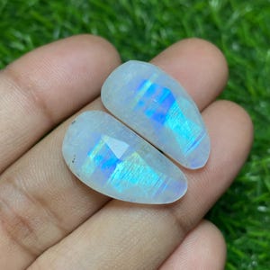 Gorgeous Blue Fire White Rainbow Moonstone One Side Rose Cut Fancy Shape Pair Gemstone Size 13.50X26X6.50 MM Loose Gemstone Pair For Jewelry