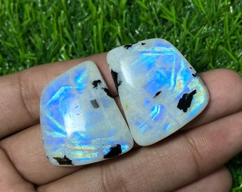 Attractive ~ Multi Blue Fire Rainbow Moonstone Cabochon Hand Polish Loose Gemstone Size- 27x32.50x7 MM. Fancy Shape Pair For Making Jewelry.