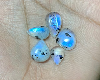 Amazing ~ Blue Fire Moonstone Cabochon 5 Pcs Lot Mix Shape Lot With Black Tourmaline Loose Gemstone At Wholesale Price For Making Jewelry.