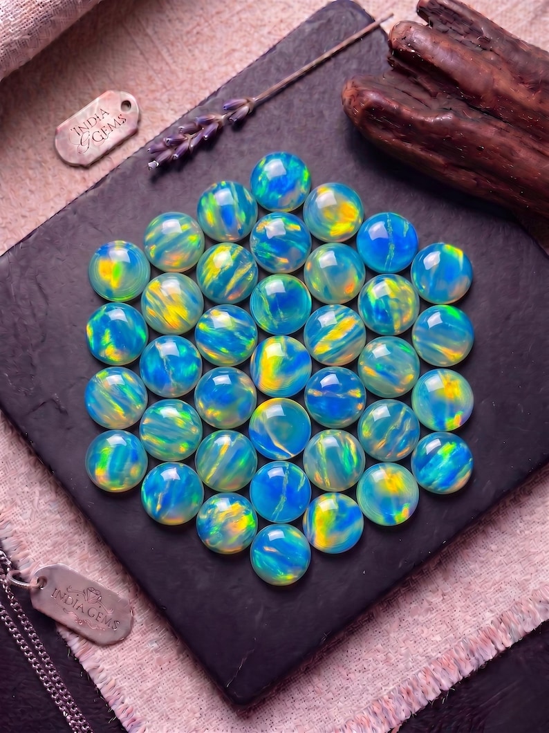 Lab Created Opal Doublet Cabochon, Round Flat Back Gemstone image 1